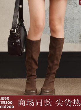 西町村屋复古绒面拼接中筒靴女新款气质百搭显瘦单靴XH9C20007