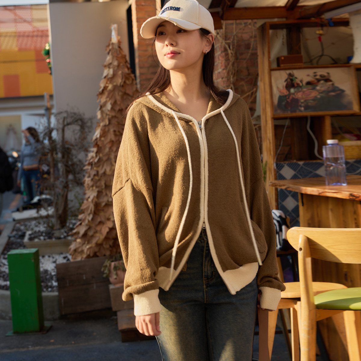 西町村屋慵懒开衫女春装新款休闲撞色连帽百搭中长外套HA9213001,女装/女士精品,短外套,淘宝优惠券,粉丝福利购,淘宝优惠卷