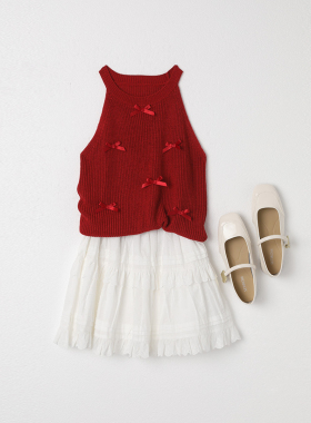 西町村屋法式蝴蝶结针织背心女装夏季新款复古红色上衣XA9B10044