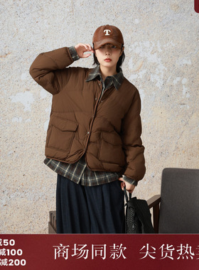 西町村屋假两件翻领拼接羽绒服女秋冬新款复古短款外套XX9D10007