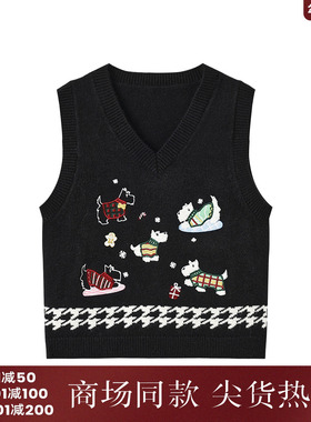 西町村屋复古无袖背心亲子装休闲趣味小狗贴布绣花上衣KAAD10732