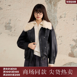 西町村屋复古感皮衣外套女装2025冬季新款潮流毛领上衣XHAD10568