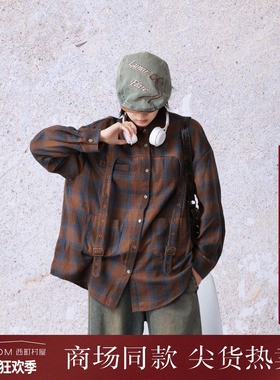 西町村屋工装风长袖格子衬衣女秋冬新款复古中长款衬衫XA9C10038