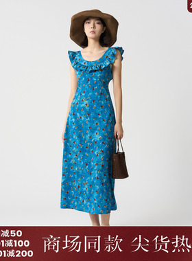 西町村屋复古碎花连衣裙女装夏季新款气质无袖收腰裙子XAAB10676