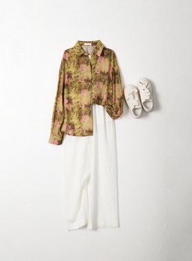 西町村屋油画印花长袖衬衣女夏季新款复古休闲宽松衬衫XX9B10002