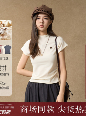 西町村屋极简针织衫女2025秋季新款半高领卡通刺绣小衫XHAC10710