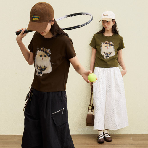 西町村屋趣味小猫印花短袖T恤2026夏季新款简约休闲上衣XABB11094