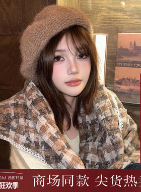 西町村屋氛围感围脖女冬季新款韩系千鸟格锁边流苏围巾XHAD40115