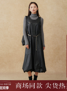 西町村屋简约连衣裙女装2025冬季新款花苞裙（含腰带）XHAD10430