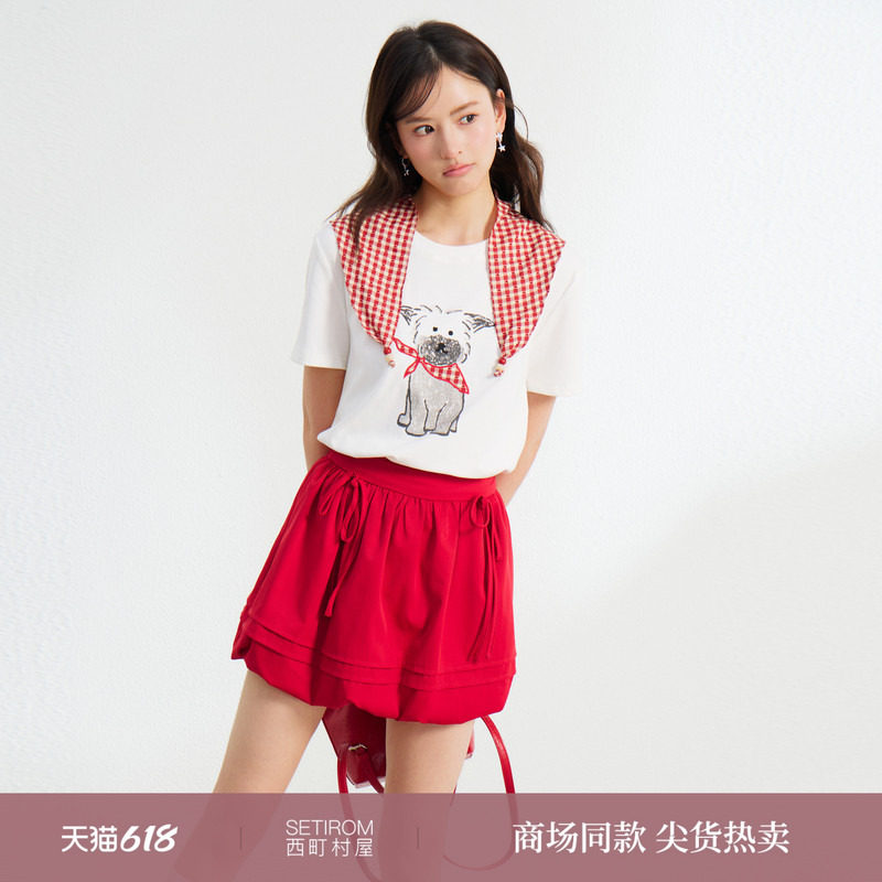 西町村屋快乐小狗T恤女2026夏新款可爱风短袖上衣含披肩XABB10099