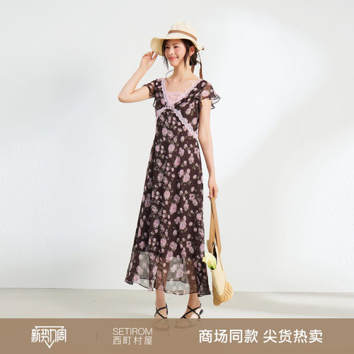 西町村屋甜美风蕾丝拼接连衣裙2026夏新款韩系印花长裙XABB10230