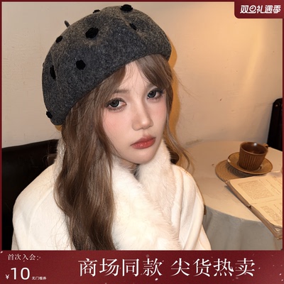 西町村屋韩系贝雷帽女冬季新款小众设计玫瑰花百搭帽子XHAD60032