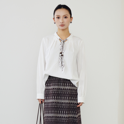 西町村屋长袖小衫女2026春新款休闲时尚系带气质感衬衫XHBA10130