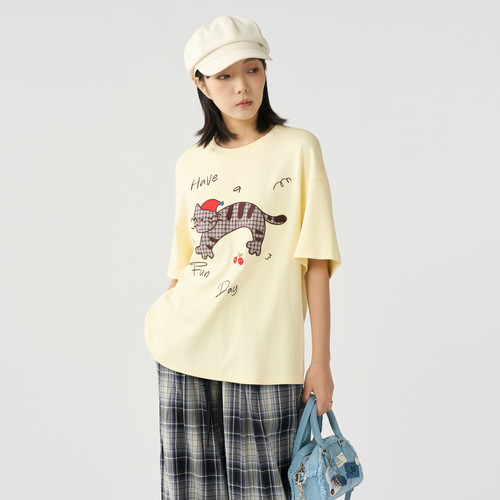 西町村屋猫咪短袖T恤女2025秋季新款休闲百搭圆领小衫CAAC10242