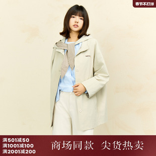 西町村屋韩系格纹拼接外套女2026春新款中长款风衣含帽XHBA10292