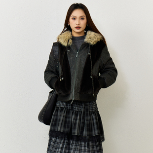 西町村屋潮酷外套女2025冬新款豹纹拼接可拆卸毛领上衣XAAD10604