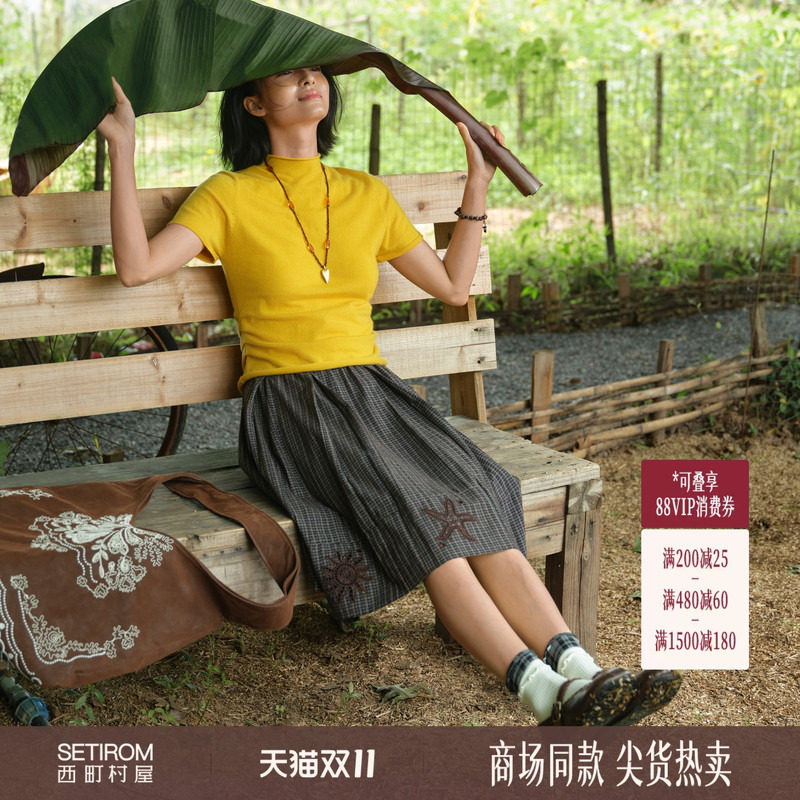西町村屋学院感百褶裙女装2026秋季新款绣花中长款半裙XHBC1