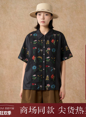 西町村屋复古花朵刺绣衬衣女夏季新款文艺百搭短袖衬衫XHAB10567