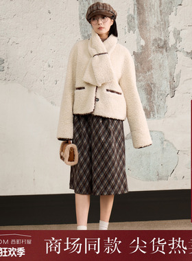 西町村屋韩系外套女装2025冬季新款格纹撞色上衣含围巾XHAD10867