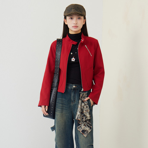 西町村屋立领机车皮衣女2026年春新款时尚气质短款外套XABA10394