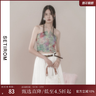 西町村屋背心女百搭夏季 上衣AB8102019 国风印花抽褶吊带背心短款