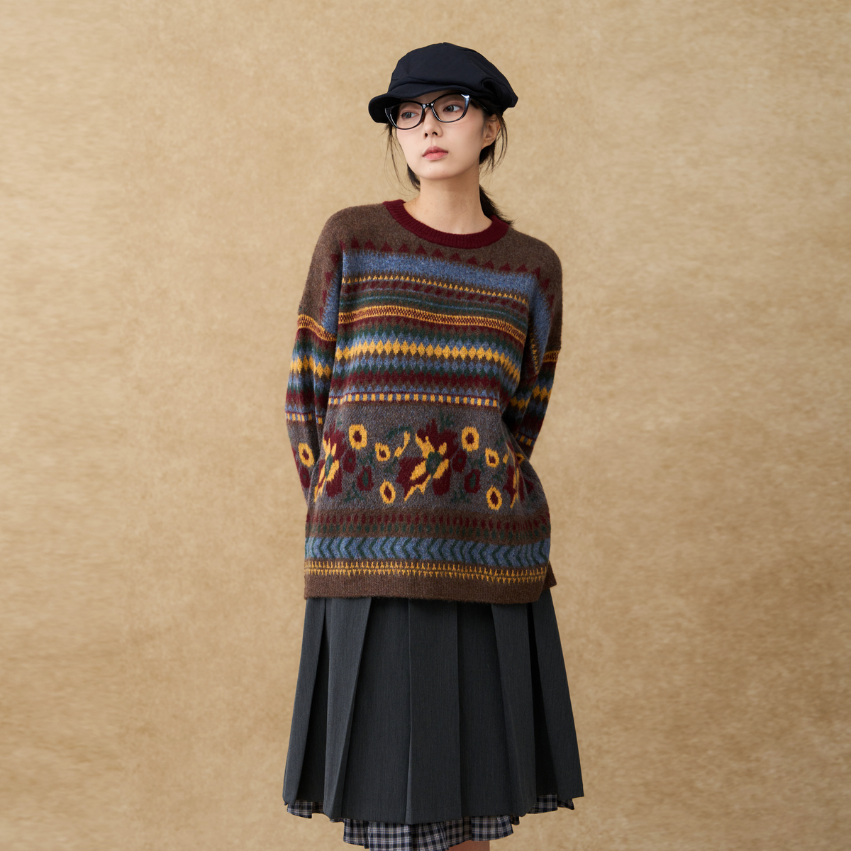 西町村屋费尔岛毛衣女装2025冬季新款复古提花韩系上衣XHAD10409