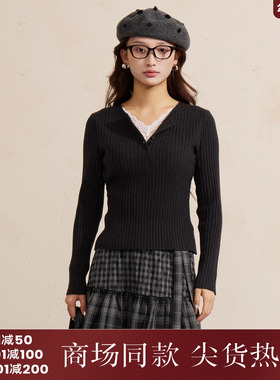 西町村屋韩系针织衫女装2025冬季新款简约蕾丝拼接小衫XHAD10779