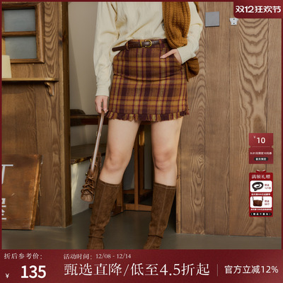 西町村屋法式复古格子短款A字裙