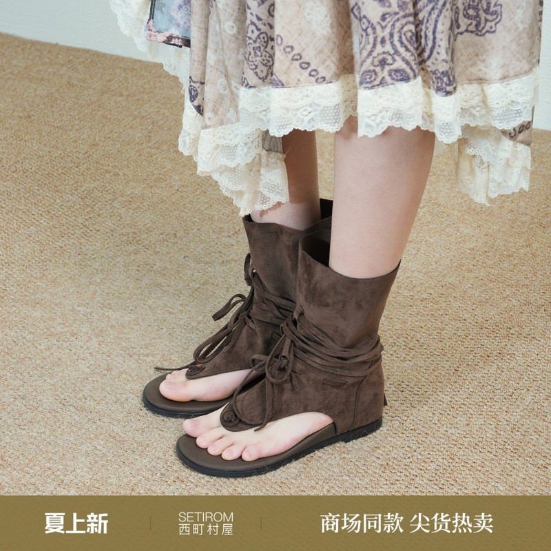 西町村屋波西米亚风绑带中绑靴女新款复古流苏设计靴子XABB200