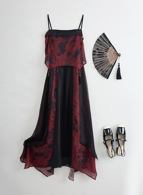 西町村屋新中式拼接吊带裙女装夏季新款国风长款连衣裙AB9404023