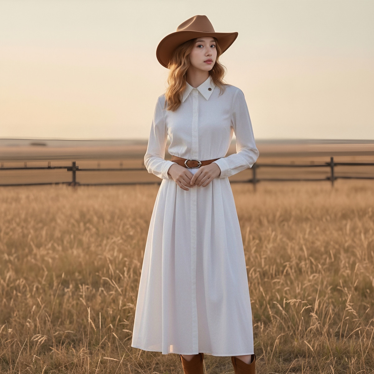 西町村屋韩系廓形连衣裙女装春季新款通勤感裙子含腰带XHAA10421