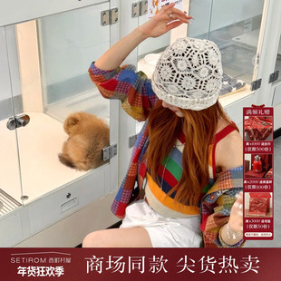 西町村屋镂空帽子女2025秋新款法式手工钩花文艺堆堆帽XAAC60010