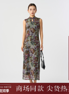西町村屋印花立领无袖连衣裙夏季新款复古弹力网纱裙子XEAC10199