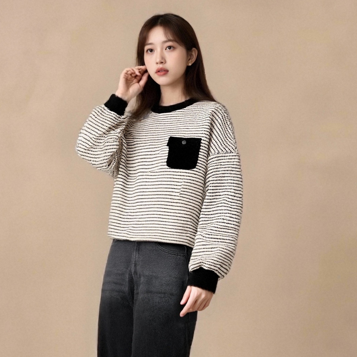 西町村屋简约学院感卫衣女春新款圆领条纹口袋宽松上衣AA9108001