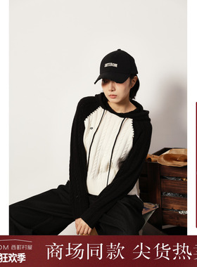 西町村屋韩系学院撞色毛衣女装秋冬新款气质连帽针织衫XA9D10483