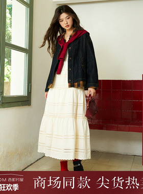 西町村屋波嬉风半身裙女2025秋季新款蕾丝拼接长款摆裙XAAC10509