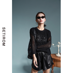 西町村屋印花假两件镂空针织衫女春季新款休闲宽松小衫XAAA10431