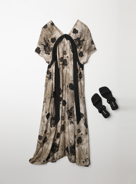 西町村屋国风印花飘带连衣裙女装夏季新款休闲宽松裙子XX9B10014