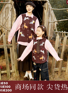 西町村屋学院风毛衣衬衫亲子装假两件拼接小狗提花衬衣KAAD10558
