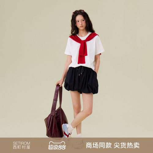 西町村屋户外感花苞短裤2026夏季女新款简约百搭休闲裤XHBA10201