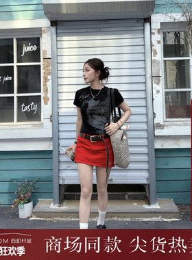 西町村屋猫咪印花短袖T恤女装夏季新款写实猫猫修身小衫XAAB10199