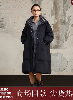 西町村屋休闲羽绒服女装2025冬季新款复古格纹拼接外套XHAD10433