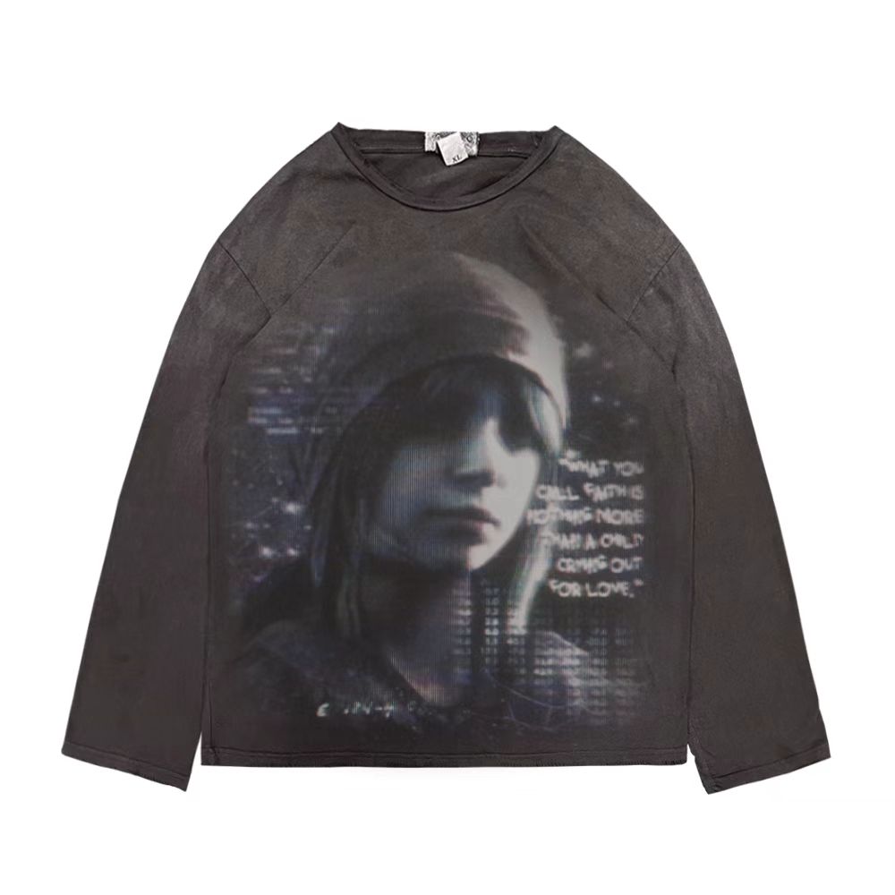 棱镜(Prism)阴郁风涩谷EMO系亚文化欧美小众人像宽松脏脏长袖T恤