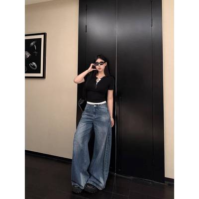黑泽玄七微胖mm大尺码夏季直筒微弯刀牛仔裤女宽松休闲慵懒风长裤