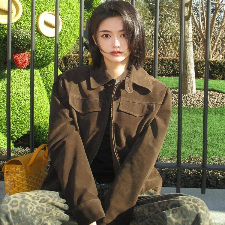 咖啡色麂皮绒外套女春季2025新款宽松百搭短款拉链休闲夹克上衣潮