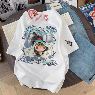 清仓捡漏~可爱猫咪印花短袖T恤女2025夏洋气潮流个性纯棉圆领上衣