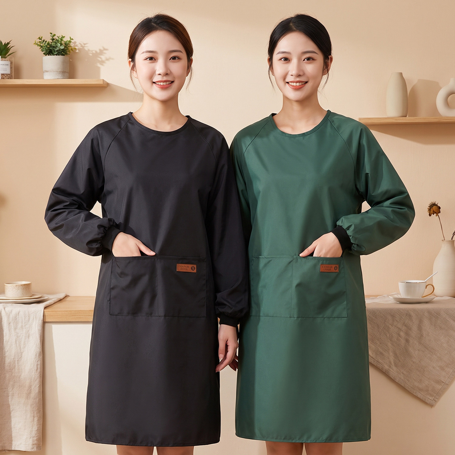 防水防油围裙男女厨房家用长袖工作服罩衣纯色简约风大口袋耐脏款