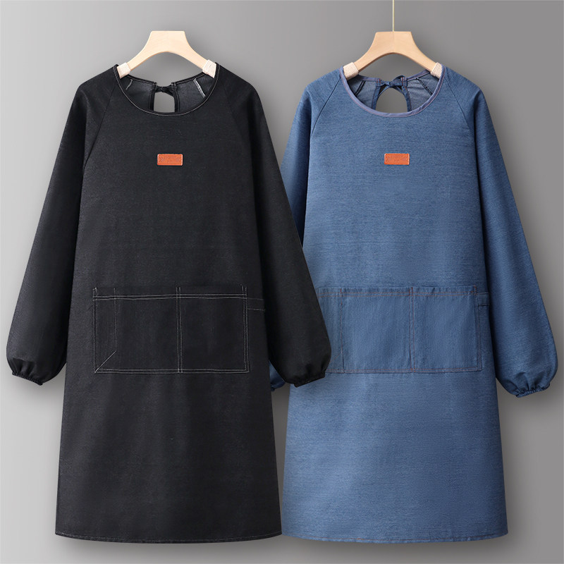 长袖牛仔布围裙定制logo印字罩衣