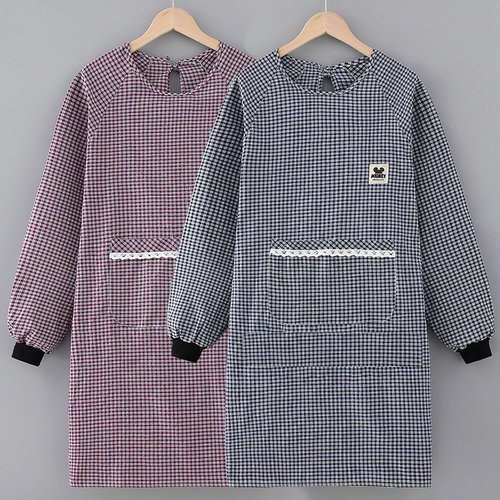 防污长袖棉格罩衣围裙