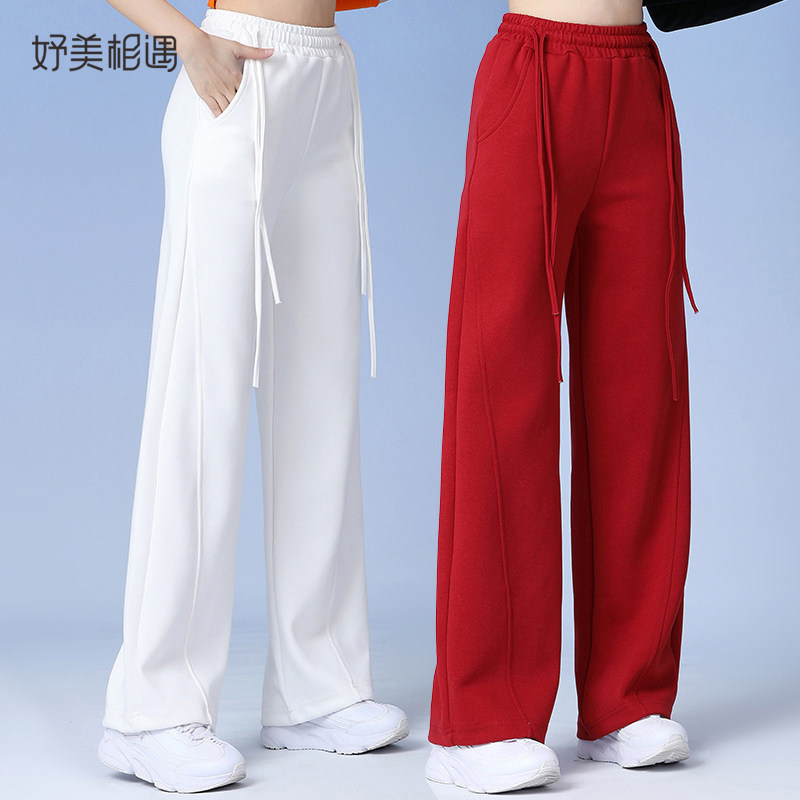 广场舞健身操运动长裤春秋飘带跳舞裤纯色松紧腰直筒裤佳木斯裤子